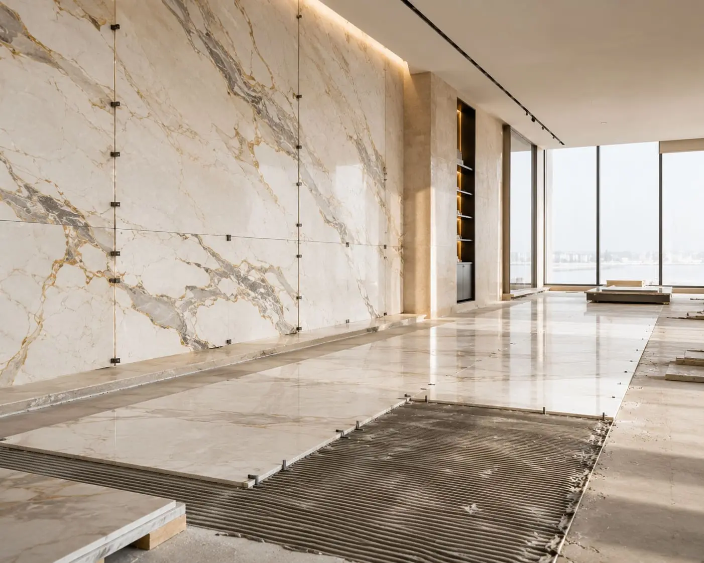 Stone surface being installed and finished with precision