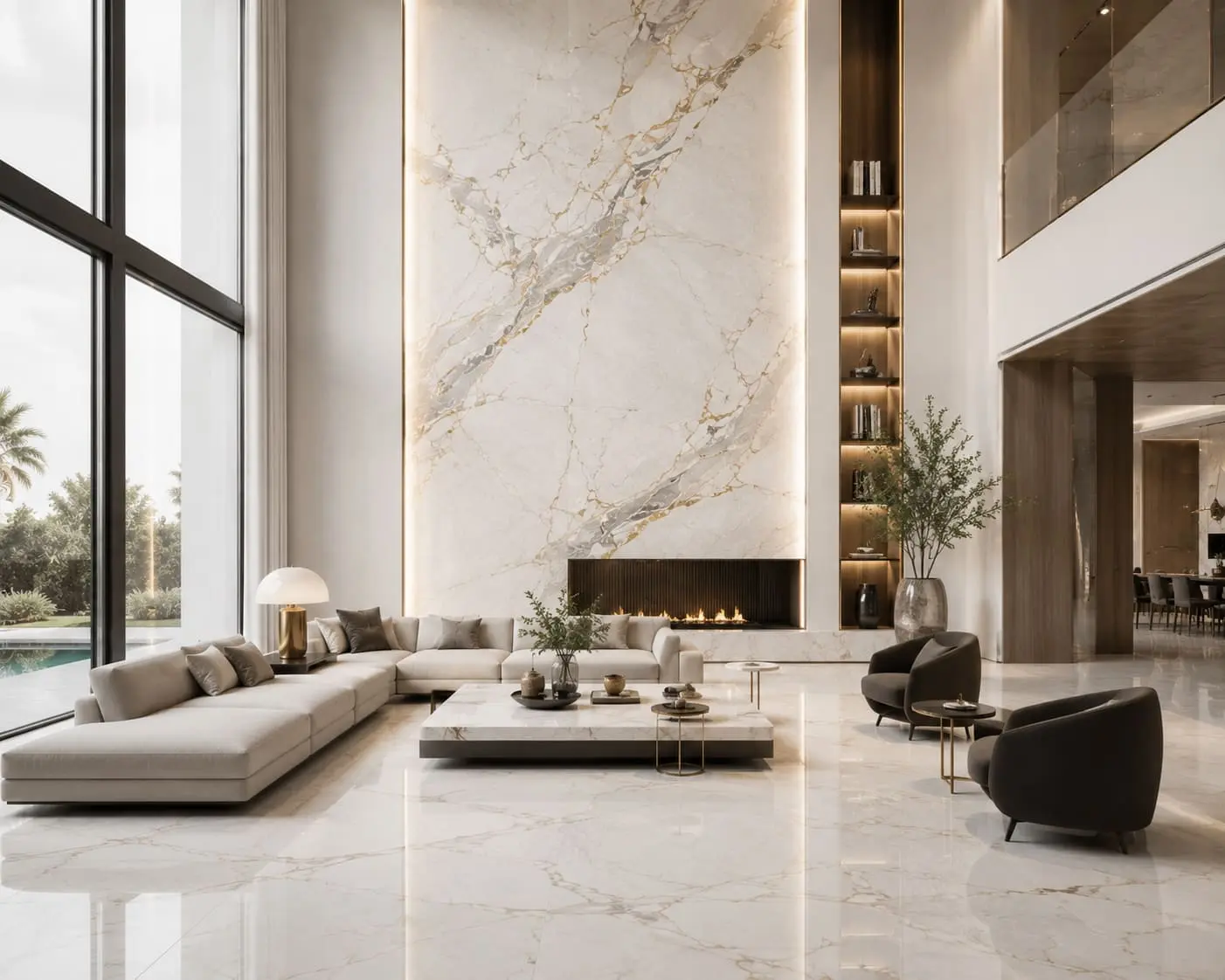 Residential living space with natural stone flooring and warm neutral finishes