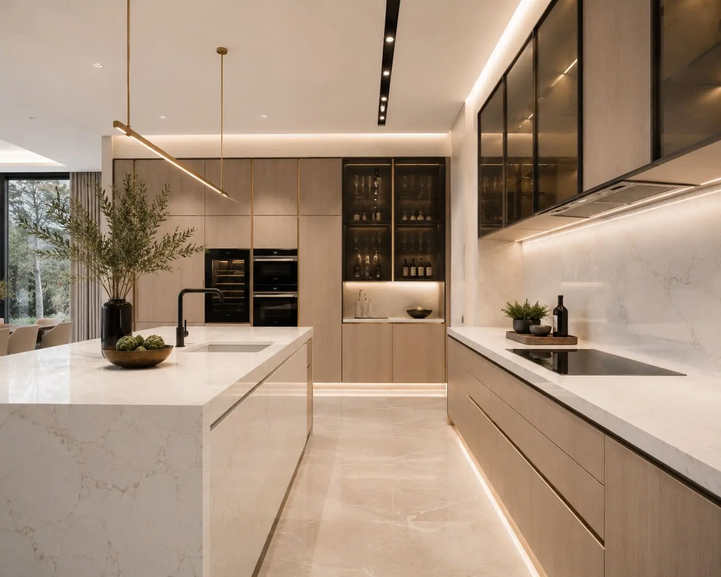 Kitchen with a stone countertop and matching splashback