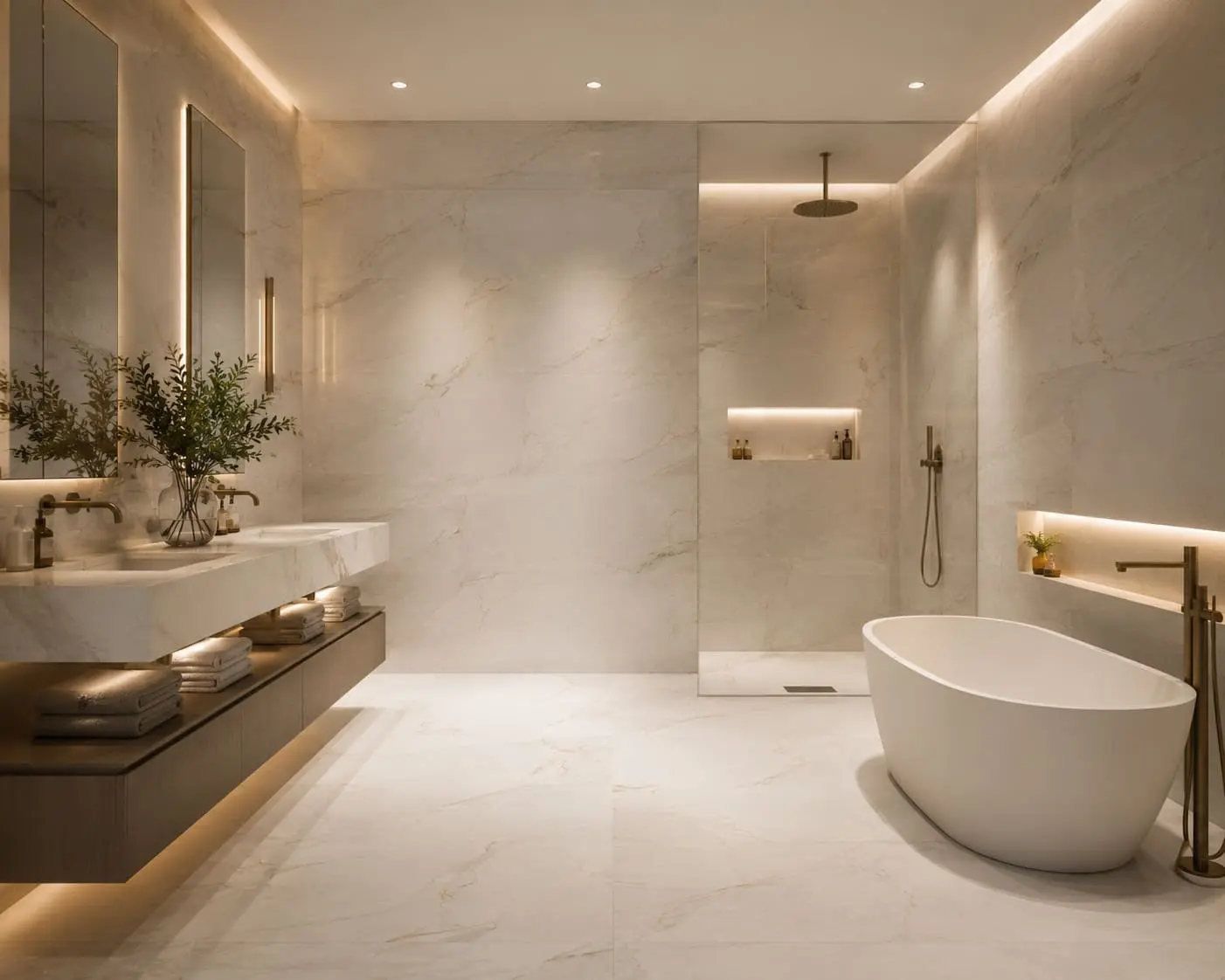 Bathroom finished with marble wall cladding and vanity surface
