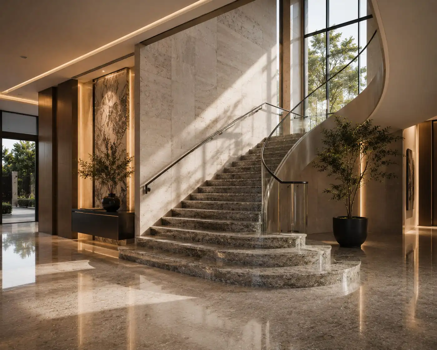 Commercial reception area with stone flooring and cladding
