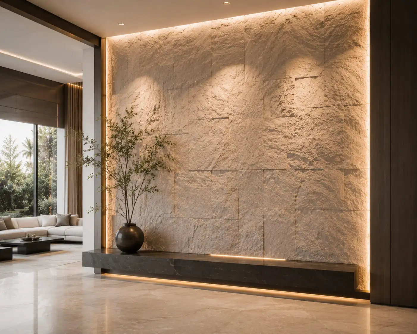 Interior with continuous stone flooring and wall cladding